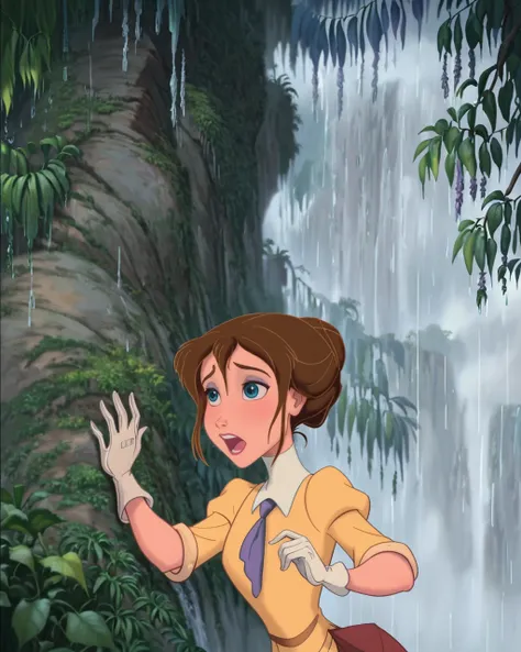 score_9, score_8_up, score_7_up, zPDXL, <lora:Disney_Style:1>DisneyRenstyle, TJane, DTarz, 1girl, brown hair, white gloves, rain, hair bun, open mouth, waterfall, blue eyes