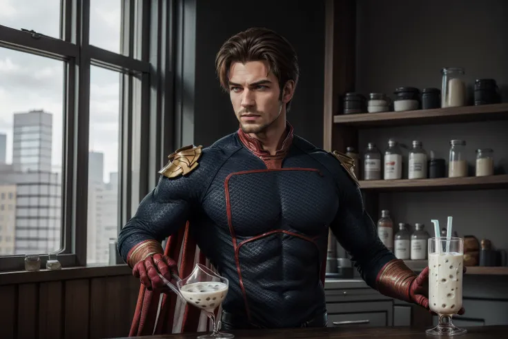 1boy,solo,homelander,shoulder,cape,gloves,((drink milk)),indoors,office,cowboy shot,Highly detailed,(ultra-detailed),(best quality,masterpiece:1.5),