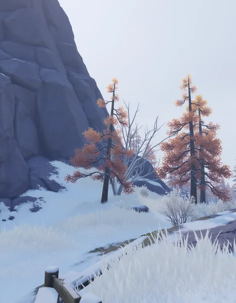 <lora:flux_genshinlandscape_dragonspine_000002800:1>An image of Dragonspine showing a snowy and rugged landscape. In the foreground, a collection of leaf-covered trees dusted with snow stands starkly against the pale, frost-covered ground. The terrain is v...