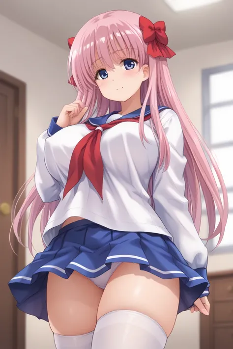 glistening_skin,Semi-subjective shot,,big_breasts,,thighhgihs,,r,,asou,room,,orgi,kamoga,,,haramura nodoka, blue eyes, pink hair, long hair, hair bow, kiyosumi school uniform, serafuku, blue skirt, white thighhighs,big breasts,,,smile,perfect eyes