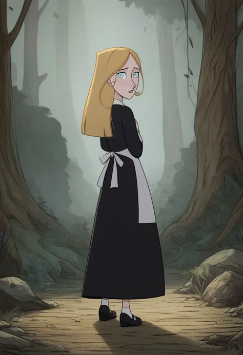 (zPDXL3) source_cartoon, robyn_goodfellow_v2, blonde hair, long hair, solo, from behind, black dress, apron, windy, 1girl, looking back at viewer, dark forest, blue eyes, Hand, detailed, perfect, perfection, hands