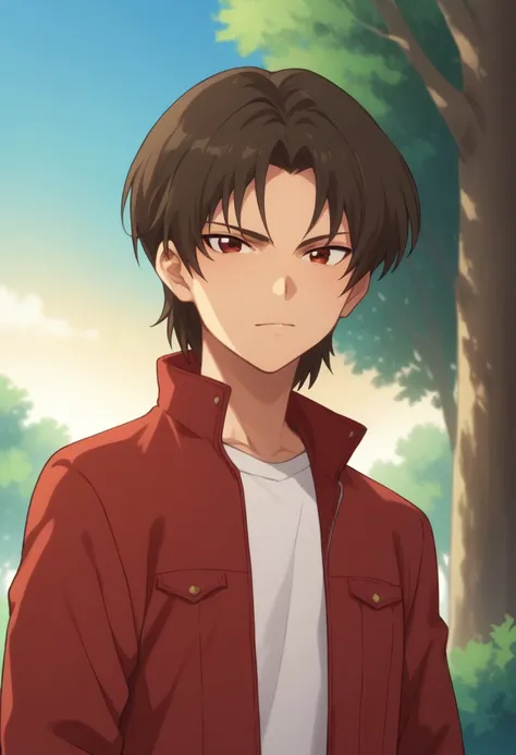 score_9, score_8_up, score_7_up, source_anime, highly detailed, 
ouzou, 1boy, solo, male focus, jacket, brown hair, red eyes, pants, grey pants, red jacket, shirt, nlack shirt, open clothes, upper body
outdoor, sky, trees,