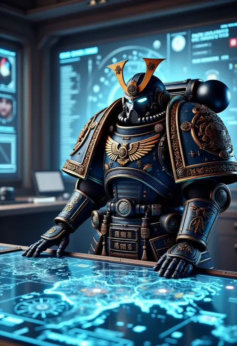 Image a photorealistic depiction of an Edo Space Marine engaged in a strategic planning session within their war room. The Marine, surrounded by holographic star maps and tactical data, stands over a large display table. Their armor is adorned with medals ...