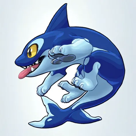 rivals of aether, mutated, orcane, liquidize, water, fangs, from side, dog like creature, white background, air bubble, simple background, jaggy lines, pokemon (creature), white, blue, colored sclera, animal focus, yellow eyes, profile, tongue, solo, fish,...