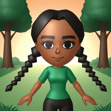 score_9, score_8, BREAK, wii, mii, wii sports club, 1girl, female mii, black eyes, thick eyebrows, black hair, low braids, dark skin, dark skin female, smile, dark green clothing, black pants, shoes, cute, nintendo mii, modern_mii, classic_mii, breasts, la...