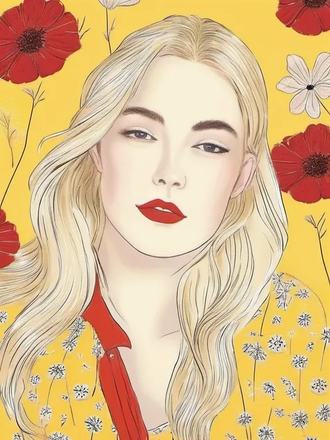 1NK , <lora:1NK:1>, illustration of a young woman with long blonde hair and red lipstick, sitting on the ground with flowers flying around her. She is wearing a red blouse and has a serious expression on her face. The background is a yellow color with a fl...