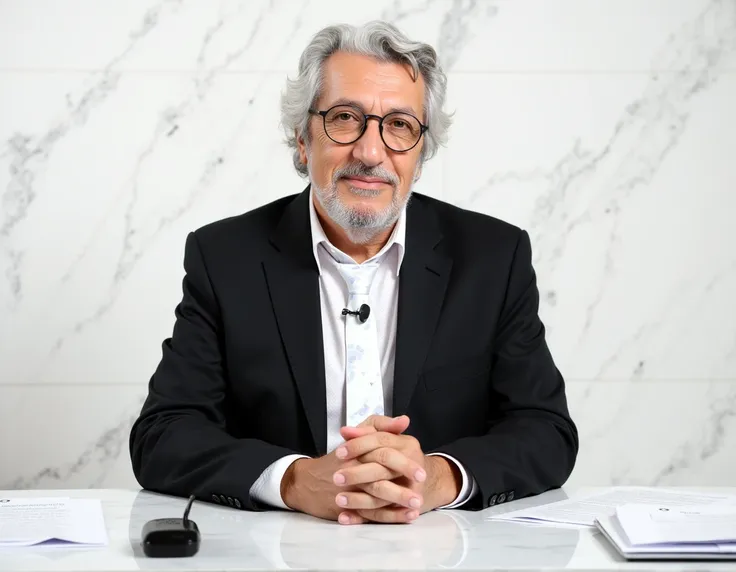 Alain Chabat sitting behind a marble desk, appearing to be in an interview setting. He is wearing round, thin-framed glasses. He is dressed in a formal black suit jacket over a white dress shirt with a subtle pattern and a white tie with marble pattern. Hi...