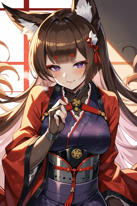 score_9, score_8_up, score_7_up, , rating_general ,1girl ,fox ears, thick eyebrows, red eyeshadow, purple eyes, red pupils, multiple fox tails, hair ribbon, metal choker, necklace tassel, bodystocking, purple kimono, white lace trim, red coat, wide sleeves...