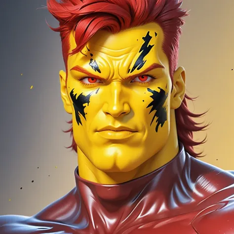 captainpollution, man, 1man, running, blender, yellow skin, red hair, red eyes, yellow face, dirty skin, super hero suit, red crop top, red cropped top, red cropped t-shirt, yellow stomach, navel, black belt with a golden buckle, red short pants, red boots...