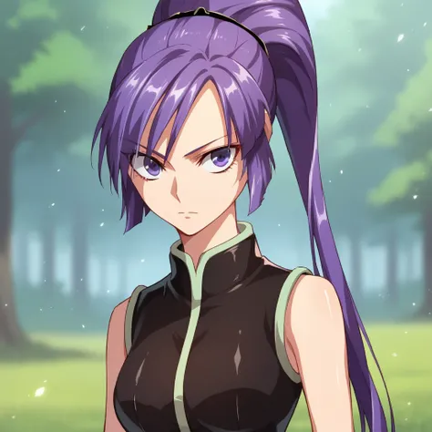 score_9_up, score_8_up, BREAK, MissLei, 1girl, solo,  purple hair, ponytail, long hair, purple eyes, armor, sleeveless, upper body, <lora:MissLei_MagicEmperor_PXL_Leaf1:0.8>, outdoors, depth of field, light particles,