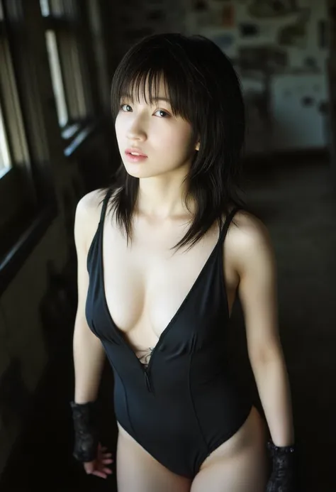 Professional analog film photo,film grain,depth of field,HDR,RAW photo,film gravure,fashion photography,of full body shot of a beautiful Japanese young woman,large natural breasts,donning (fingerless gloves),dressed in black swimsuit,plunging neckline,slee...