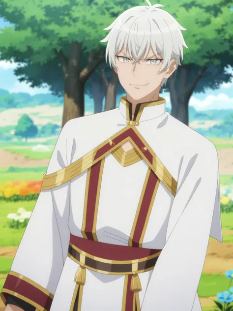 <lora:Tsuki_ga_Michibiku_Isekai_Douchuu-DoRA_V1:0.85>
very aesthetic, newest, best quality, masterpiece, absurdres, 1boy, male focus, short hair, smirk, white hair, white eyes, white robe, gold trim, looking at viewer, outdoors, field, tree, flower