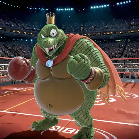 kingkroolXL,<lora:King_K_Rool_XL:.8>, red cape, boxing glove, stadium, (anime, masterpiece, intricate:1.3), (best quality, hires textures, high detail:1.2), (4k),(incredibly detailed:1.4),UHD, 8K, ultra detailed