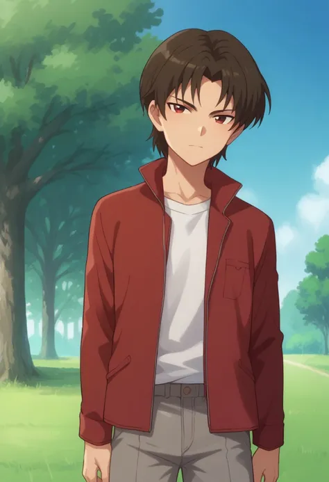 score_9, score_8_up, score_7_up, source_anime, highly detailed, 
ouzou, 1boy, solo, male focus, jacket, brown hair, red eyes, pants, grey pants, red jacket, shirt, nlack shirt, open clothes,
outdoor, sky, trees,