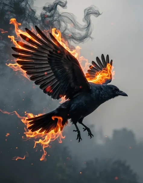 a crow taking flight, it has wings made of flames trailing with black smoke tendrils