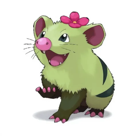 cute Didelphis Opossum Pokemon with visually vibrant and iconic, pink snout, leaf type, two big fangs, light green fur a digital drawing in a cartoonish style, centered around cute creature in a dynamic pose. hissing with open mouth, bold, dynamic image of...