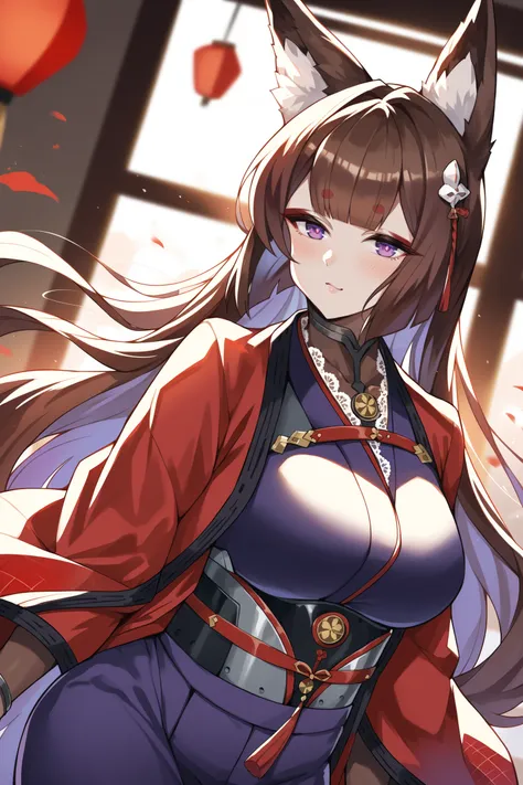 score_9, score_8_up, score_7_up, , rating_general ,1girl ,fox ears, thick eyebrows, red eyeshadow, purple eyes, red pupils, multiple fox tails, hair ribbon, metal choker, necklace tassel, bodystocking, purple kimono, white lace trim, red coat, wide sleeves...