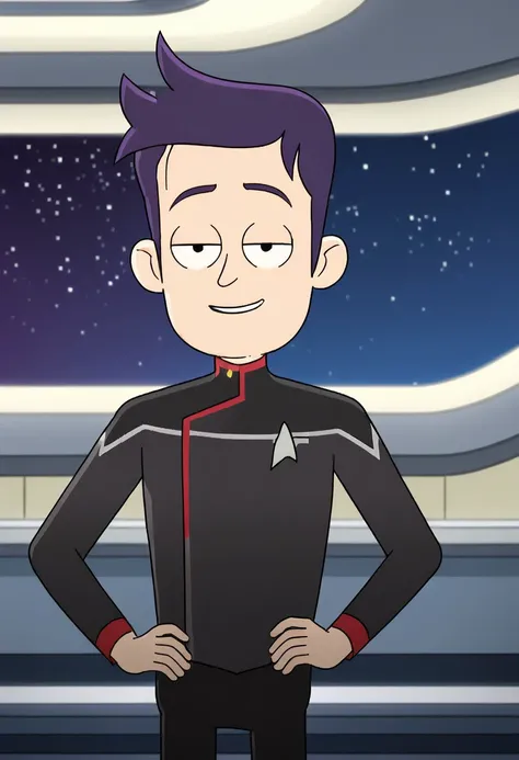 score_7_up, BREAK, 
(1boy, Brad, solo, purple hair, short hair, black uniform, two pips, black pants, standing, Star Trek background, smile, hands on hips, proud, looking at viewer)