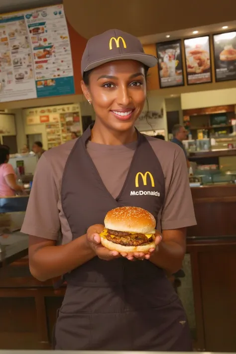 Instagram photo of a young woman J4sm1n3T00k3s working at McDonalds promoting a burger she’s holding. She’s dressed in a McDonalds uniform, standing behind the counter with a warm smile. The background features the familiar McDonalds decor, with menus disp...