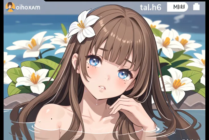 1girl,looking at viewer,brown hair,flower,partially submerged,blue eyes,mole,parted lips,water,mole under eye,long hair,bangs,solo,wet,emoji,white flower,blurry,censored,upper body,twitter username,head tilt,