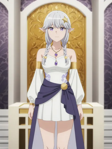 <lora:Tsuki_ga_Michibiku_Isekai_Douchuu-DoRA_V1:0.85>
very aesthetic, newest, best quality, masterpiece, absurdres, 1girl, light smile, medium breasts, purple eyes, silver hair, star hair ornament, twin braids, pointy ears, white dress, long sleeves, armle...