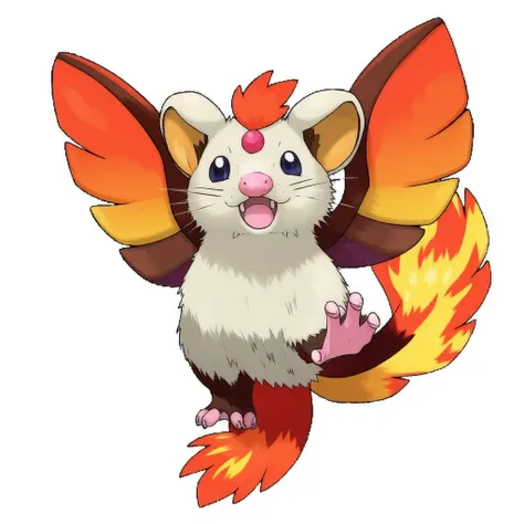 cute flying Didelphis Opossum Phoenix Pokemon with visually vibrant and iconic, pink snout, wings on flame, fire type, colorful feathers ,light grey fur a digital drawing in a cartoonish style, centered around cute creature in a dynamic pose. hissing with ...