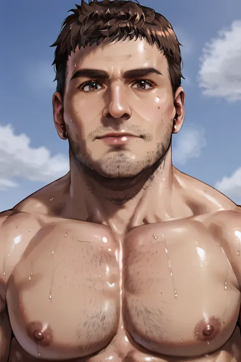 low angle, portrait, bust, male focus, (large pectorals), muscular, shirtless, sweaty, nipples, brown eyes, short hair, brown hair, stubble, <lora:Kelvin_Sons_of_the_forest:0.85>  <lora:PerfectEyesXL:1>  <lora:dizdoodz:0.5>