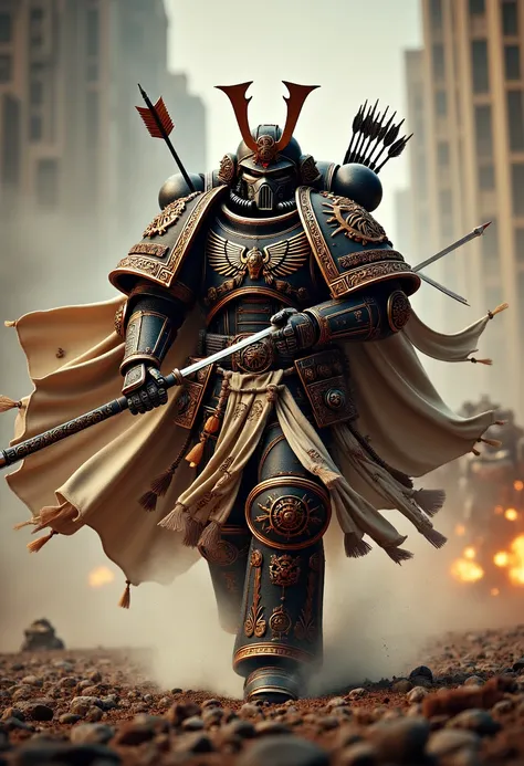 imagine a photorealistic depiction of an edo space marine in decorated power armor and cloak charging across a smoke and fire filled battlefield shooting arrows form his samurai style bow