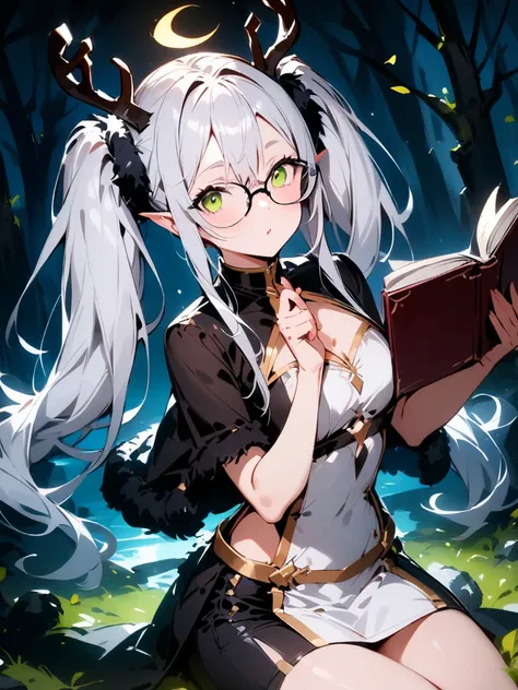 ,cernunnos(sv),1girl,solo,holding_book,thinking,open_book,glasses,<lora:cernunnos-000012:1>, masterpiece, best quality, very aesthetic, absurdres