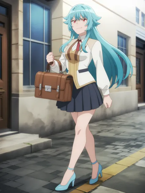 <lora:Tsuki_ga_Michibiku_Isekai_Douchuu-DoRA_V1:0.85>
very aesthetic, newest, best quality, masterpiece, absurdres, 1girl, medium breasts, red eyes, long hair, spiked hair, aqua hair, white shirt, pleated skirt, high heels, holding briefcase, full body, wa...