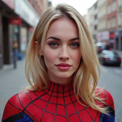 woman, blonde, intricate details, vivid and vibrant colors, highly detailed skin, captivating eyes, light makeup,, spider man suit, frontview at a street, solo shot, looking at camera
