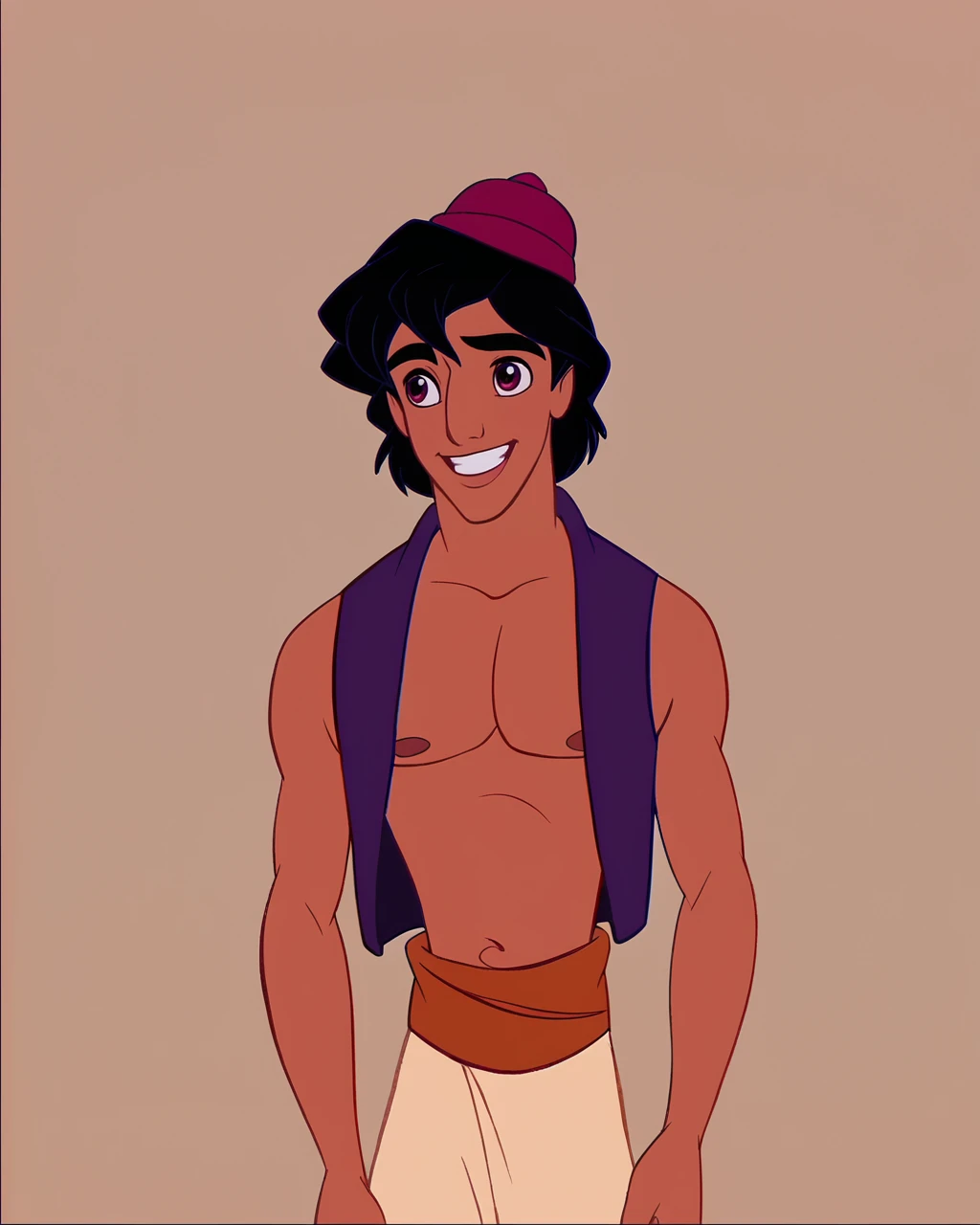 score_9, score_8_up, score_7_up, zPDXL, <lora:Disney_Style:1>DisneyRenstyle, DAladdin, PAladdin, 1boy, male focus, black hair, smile, tiny hat, dark-skinned male, vest, parody