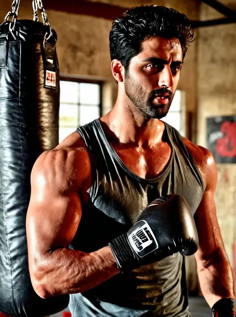 Ehan Bhat a man <lora:Ehan-Bhat:1>, punching a boxing bag in a grungy gym. Sweating it out, wearing a tight wet vest showing ripped biceps. Side view, high detail, realistic, 8k, depth of field, sharp focus, intricate, smooth, masterpiece, photorealistic, ...