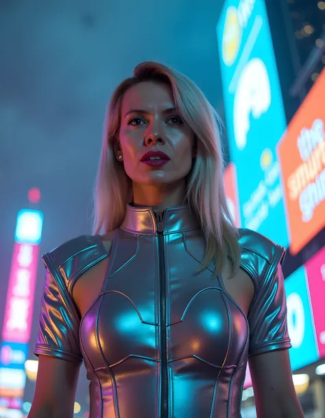 In a dystopian, neon-lit futuristic cityscape, a solitary woman named M4R14D is captured in a dramatic close-up by a low-angle camera shot. Dressed in a striking, high-tech ensemble composed of shimmering silver body armor plating and iridescent fabric tha...