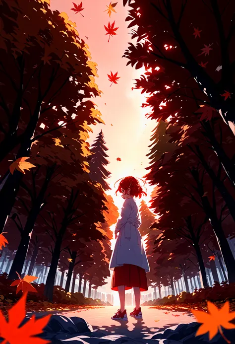 score_9,score_8_up,score_7_up,source_anime,single hair ring,chef_uniform,sneakers,dynamic_angle,atmospheric perspective,backlighting,red theme,wind,(Giant trees, leaves that cover the sky:1.3),(maple leaves,Autumn leaves, autumn,red mountain,Fallen leaves:...