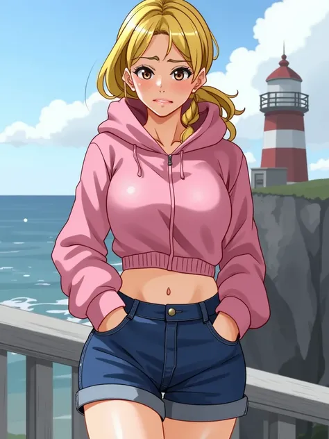 portrait of female wearing jeans, pink, jeans shorts and cotton, black, hoddie, symmetrical clothing with a anger face expression expression, the background is Coastal Seaside with Lighthouse and the weather is cold, anime, cutesexyrobutts style, best qual...