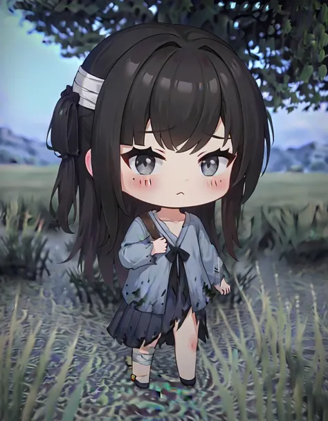 score_9,score_8_up,score_7_up,score_6_up BREAK official art,solo,outdoors,looking at viewer,facing viewer,blush,chibi,Mansui,long hair,black hair,bandaged head,hair bow,sidelocks,bangs,grey eyes,mole under eye,collarbone,grey dress,torn dress,black bow,lon...