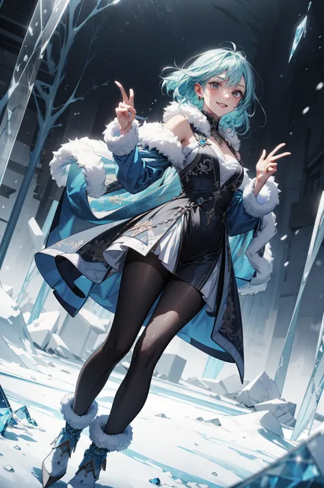 (absurdres, highres, ultra detailed, masterpiece, best quality), full body, dutch angle, finely detailed eyes and detailed face, intricate details, complex background, cinematic lighting, 1girl, solo, lob hair, green hair, black eyes, winter, white snow, S...