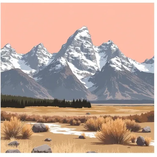 dry landscape of brownish-yellow grass and scattered rocks., Vintage poster design of Grand Teton National Park. A rustic, and pink. The scene is set in a snowy