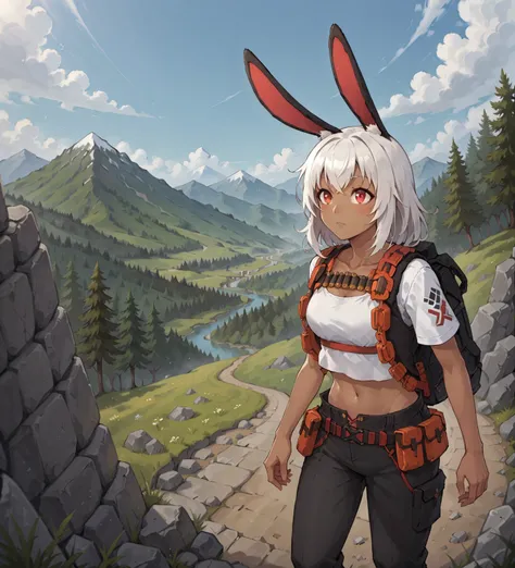 <lora:NS2000_Girls_Frontline:0.8> ns2000, dark skin, rabbit ears, white hair, bangs, red eyes, white top, midriff, long pants, boots, hiking trail, mountain setting, looking up