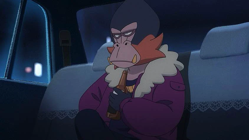 <lora:Dobu001:0.7>,baboon body,fur-trimmed jacket, furry, 1boy, tail, black eyes, purple shirt, male, 