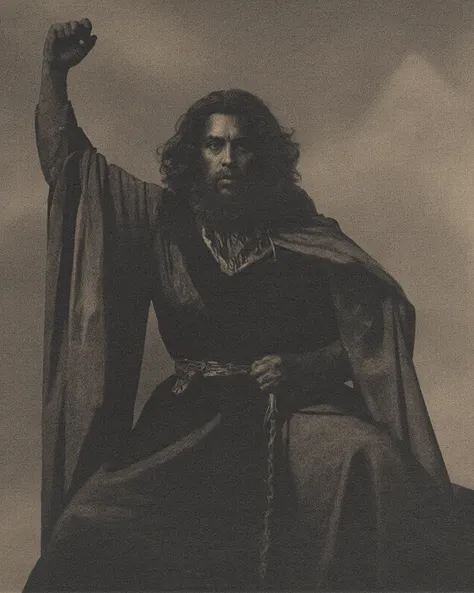 by william mortensen, space opera portrait of wizard whitebeard riding, pre-code hollywood horror portraiture style
