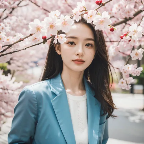 1girl,solo,formal,suit,(hands in pockets),standing,looking at viewer,outdoors,street,flower,cherry blossoms,((close-up:1.5)),film simulation,Highly detailed,(ultra-detailed),(best quality,masterpiece:1.5),