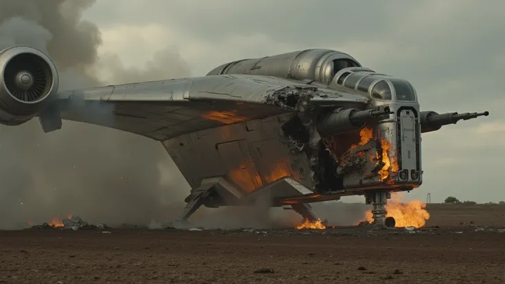 a lucasfilm,star wars style movie still of a razor crest spaceship,<lora:razor_crest:1>,(totally destroyed:1.3) after a heavy hit,smoke,flames,fire,dramatic camera angle, <lora:Car crash:1.2> carcrash