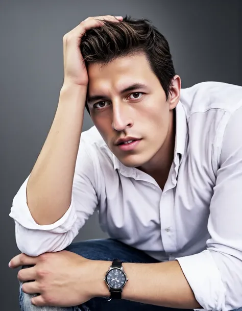 <lora:El_Ramos_-_Flux:1> <lora:Phlux:1>cockring, elramostm, male, male focus, nude, pants, teeth, watch, white shirt