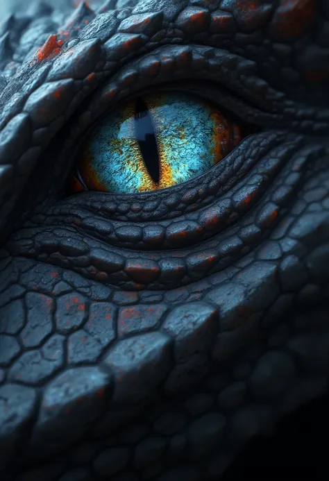 Close Up on eyes, blue cold eyes of a dragon, beaming in the darkness, smokes and flames snoring from dragon nose, dragon iridal, impressive action picture