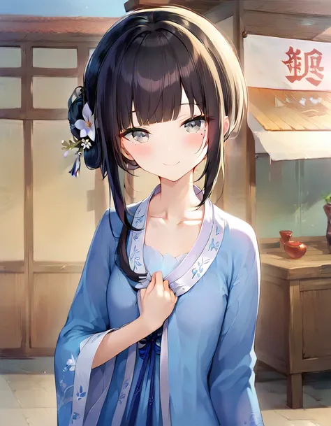 score_9,score_8_up,score_7_up,score_6_up BREAK official art,solo,outdoors,upper body,(portrait:1.5),looking at viewer,facing viewer,smile,blush,Mansui,long hair,single hair bun,black hair,hair ornament,hair flower,white flower,mole under eye,sidelocks,blun...