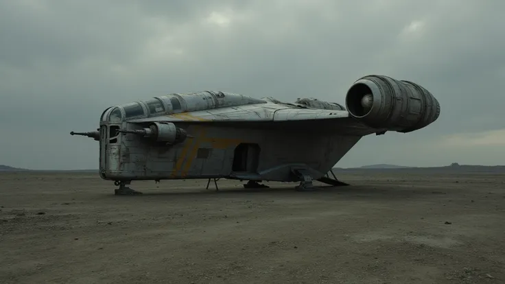 a movie still of an abandoned,rusty,broken razor crest spaceship,<lora:razor_crest:1>,missing pieces,faded color,unusable,smoke,dramatic camera angle,