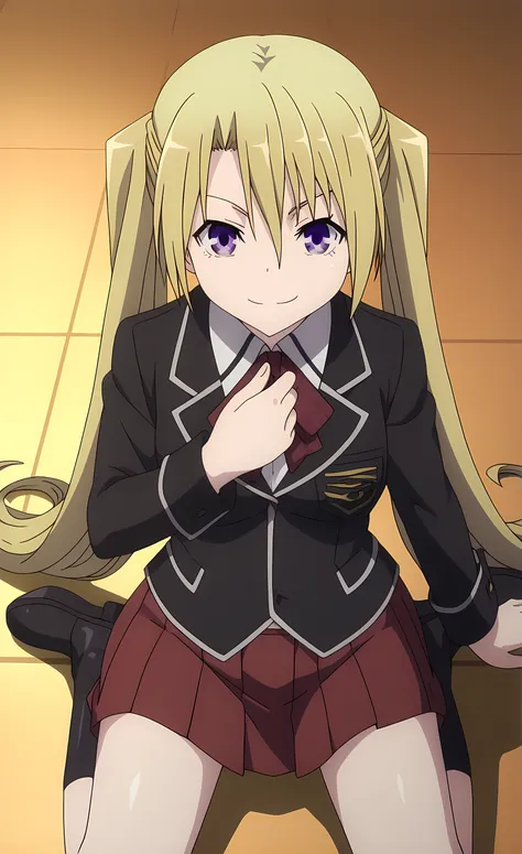 score_9, score_8_up, score_7_up source_anime,closed mouth, shiny skin, light smile,ohwx, blonde_hair, long_hair, 1girl, twintails, solo, breasts, purple_eyes, large_breasts, medium_breasts, hair_between_eyes, very_long_hair,school_uniform, skirt, Kneeling ...