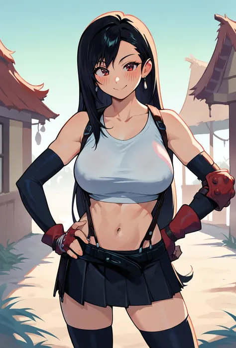 score_9, score_8_up, score_7, 
source_anime, 2d, muted colors, BREAK, upperbody, solo female focus, 1girl, one hand on hip, outdoors, shanty town, light shafts, daytime, Tifa Lockhart, long black hair, red eyes, large breasts, elbow gloves, pleated skirt, ...